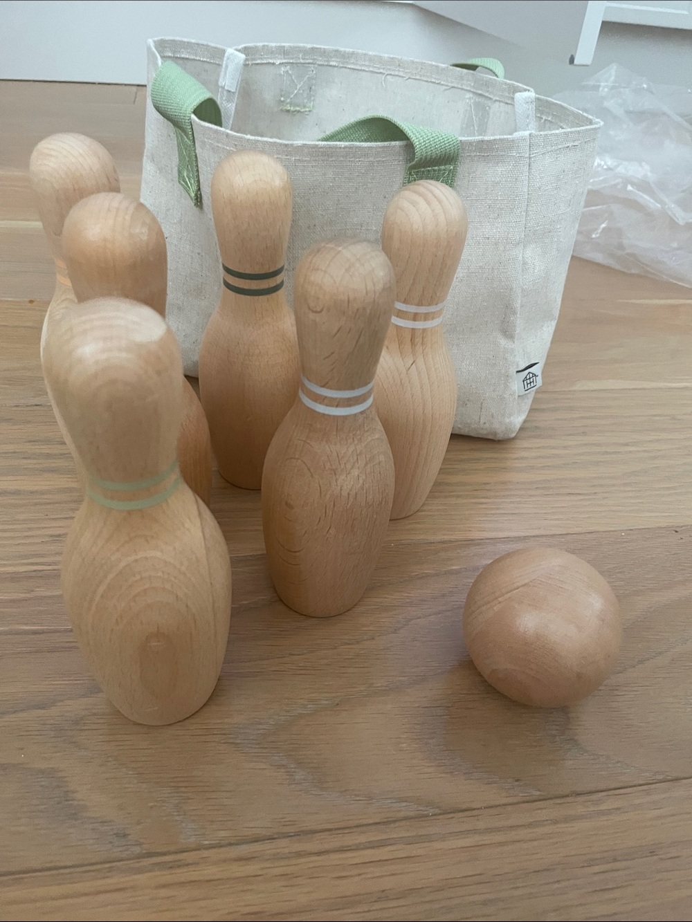 Hearth & Hand Natural Wood Bowling Pin Set with Green-Accented Tote
